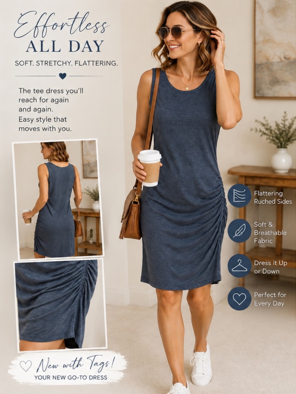 Treasure & Bond Ruched Side Tank Dress Navy Night Heather Size S NWT